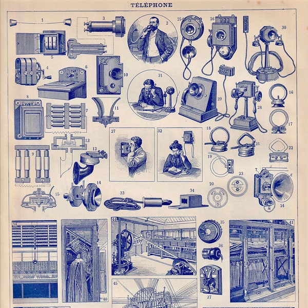 vintage French, the telephone, original illustrated plate from the new French illustrated Larousse, Paul auge 1915