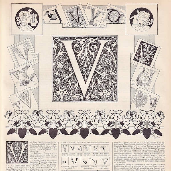 French antique ,alphabet letter ,planche illustrée originale provenant du nouveau Larousse illustré français ,Paul auge 1915