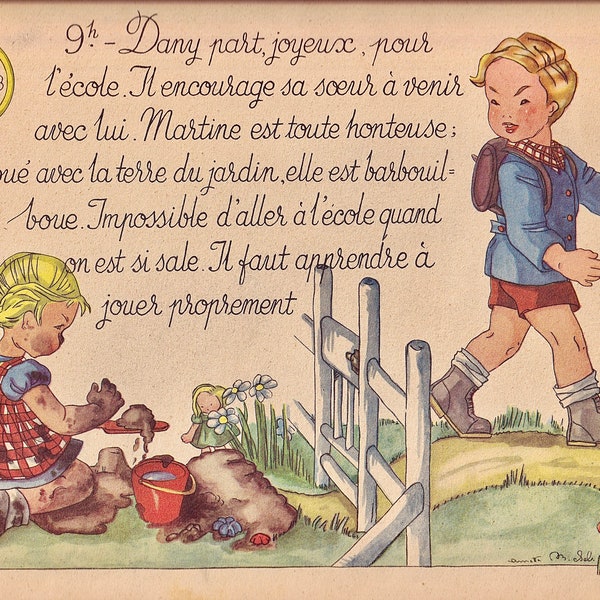 French children's book ,planche illustrée originale provenant d'un livre ancien ,quelle heure est 'il par Anette michel édité en 1947 .