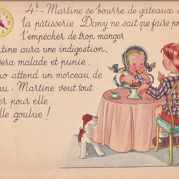 French children's book ,planche illustrée originale provenant d'un livre ancien ,quelle heure est 'il par Anette michel édité en 1947 .