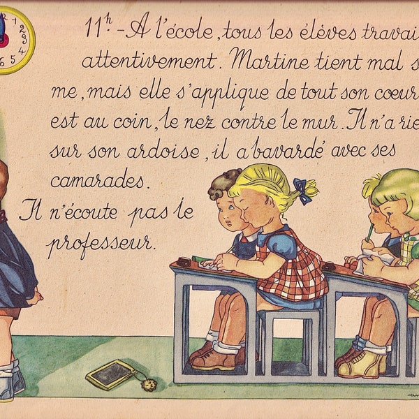 French children's book ,planche illustrée originale provenant d'un livre ancien ,quelle heure est 'il par Anette michel édité en 1947 .