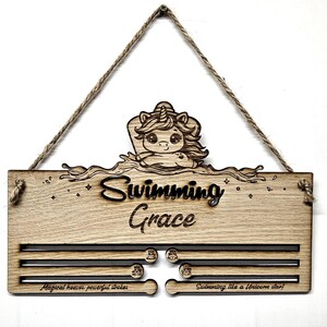 Unicorn Swimming Medal Holder - Personalised 6mm Oak Veneer Awards Display Hanger