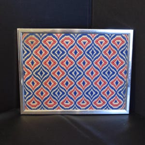 Vintage Mid Century Bargello Geometric Motif in 70&#39;s Psychedelic Styling Needlepoint in Blue Red and Beige Yarn Wall Art Handmade Needlework