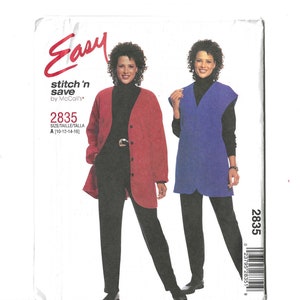 May include: A sewing pattern for a long red jacket and a long blue vest. The pattern is called "Easy stitch 'n save" by McCall's and the pattern number is 2835. The pattern is for sizes 10-12-14-16.