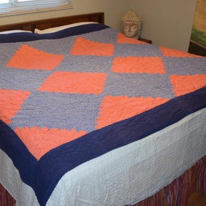 Vintage Traditional Gingham Red Blue Large Diamond Pattern Quilted Bedspread Handmade Hand Sewn Cotton Blanket Quilt Wall Hanging 73 X 86