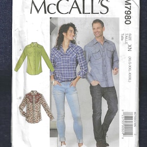 McCalls 7980 Ladies and Mens Cowboy Shirt, Western Yoke and Long Sleeve Button-Down Shirt, Unisex Size Small XLarge-XXL-XXXL Sewing Pattern