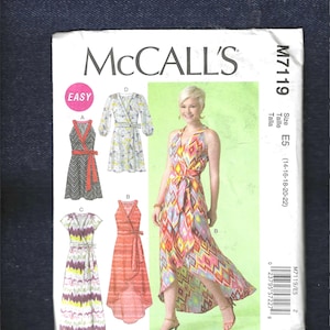 McCall M7119 Woman Misses&#39; EASY Wrap Dresses w Length & Sleeve Variations, Boho Style Dress Sewing Pattern Sleeveless or Sleeves Sizes 14-22