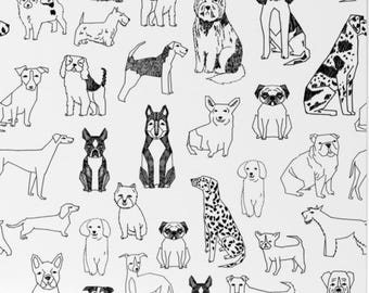 Papel tapiz tejido removible autoadhesivo con perros en blanco y negro. Ilustración de perro dibujada a mano. Diseño de mascota de Andrea_Lauren para Spoonflower.