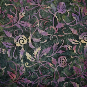 2 Yd Purple Floral and Scrolls on Green Background Dyed or Batik Look Textiles for Quilting Sewing Fabric Decollage Art Quilts 100% Cotton