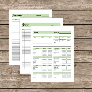 May include: A printable budget planner with sections for income, expenses, and savings. The planner is designed to help people track their finances and create a budget.
