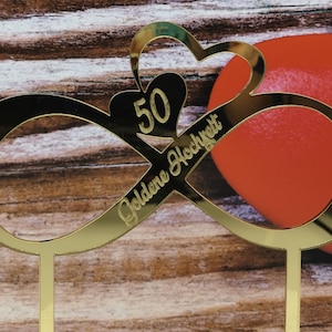 Caketopper/Tortenaufsatz Endlosschleife inkl. Gravur &quot;50 Goldene Hochzeit&quot; aus Spiegelacryl gold