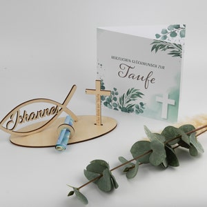 Money gift baptism - fish with desired name and cross including engraving "All the best for baptism" made of wood