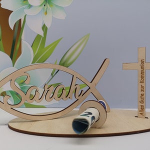 Communion money gift - fish with desired name and cross including engraving "Happy Communion" made of wood