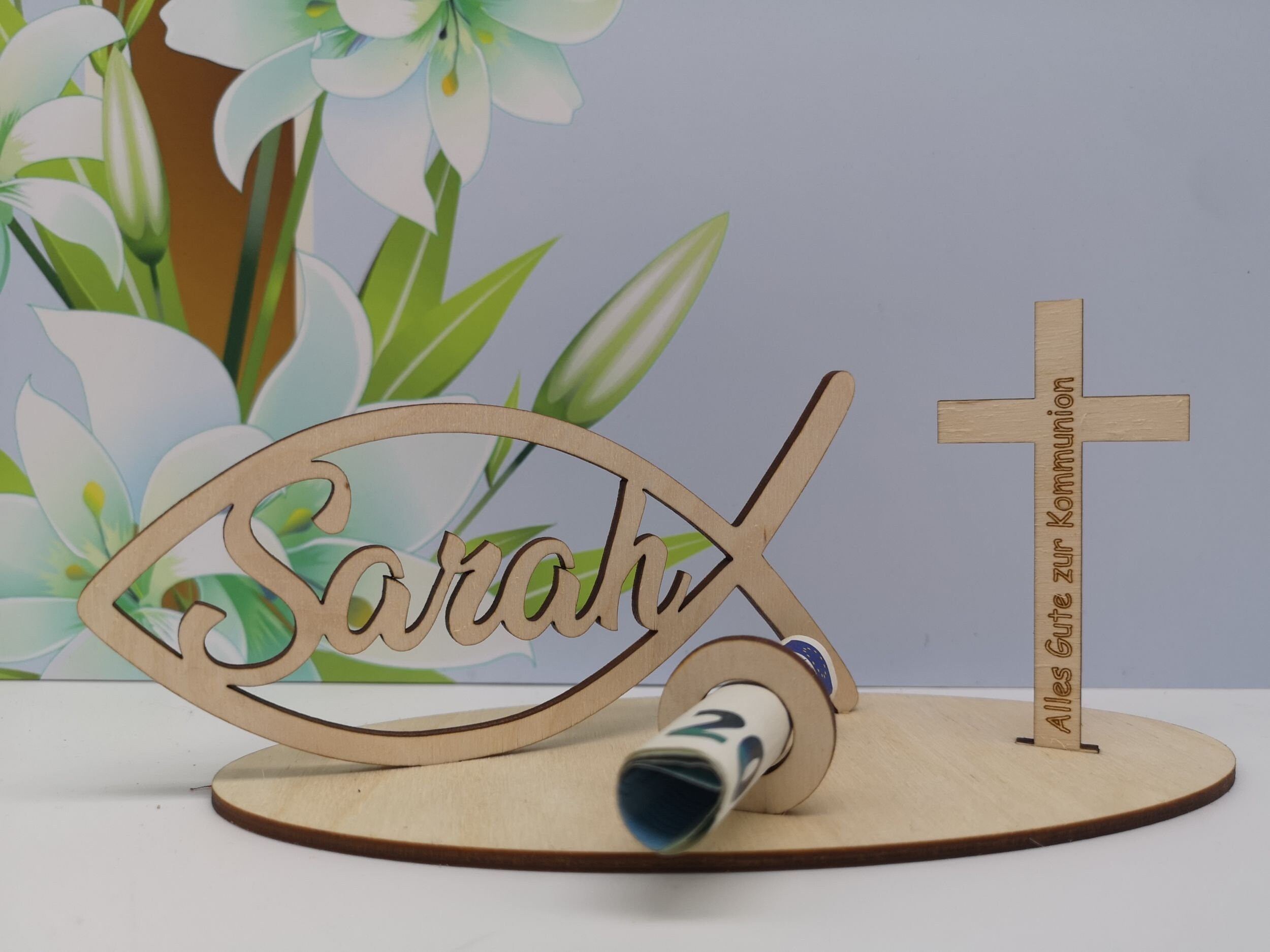 Communion money gift - fish with desired name and cross including engraving "Happy Communion" made of wood