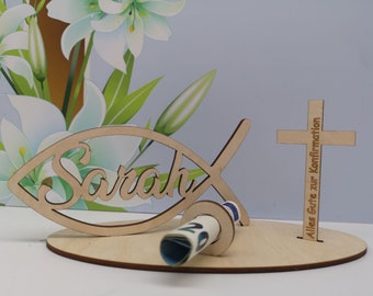 Geldgeschenk Konfirmation - Fisch mit Wunschname sowie Kreuz inkl. Gravur &quot;Alles Gute zur Konfirmation&quot; aus Holz