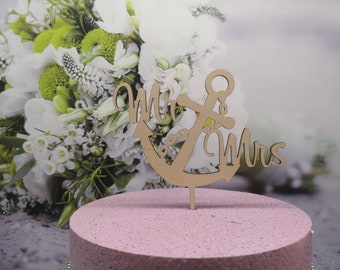 personalisierter Cake Topper Caketopper "Mr & Mrs mit Anker und Namen/Datum" zur Hochzeit aus Holz