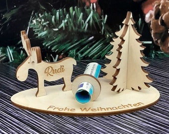 Geldgeschenk Weihnachten mit Elch und Tannenbaum inkl. Gravur "Frohe Weihnachten"  - optional mit Wunschname aus Holz