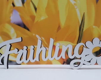 Schriftzug Frühling aus Holz in weiß optional mit Aufsteller