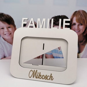 Personalized picture frame/photo frame family with desired name made of wood in white