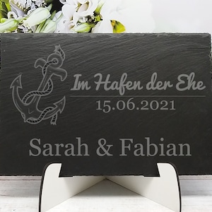 Schieferschild Schiefertafel Schiefer im Hafen der Ehe mit Wunschnamen und Datum