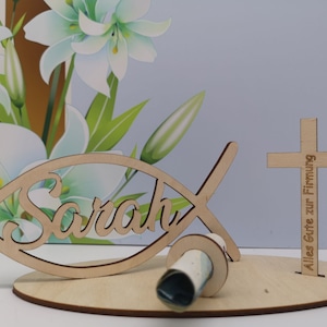 Geldgeschenk Firmung - Fisch mit Wunschname sowie Kreuz inkl. Gravur "Alles Gute zur Firmung" aus Holz