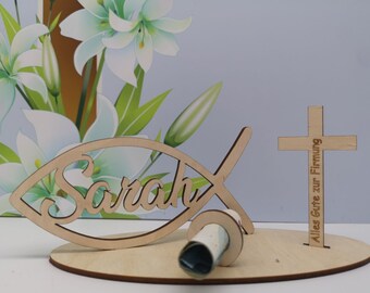 Confirmation money gift - fish with desired name and cross including engraving "All the best for confirmation" made of wood