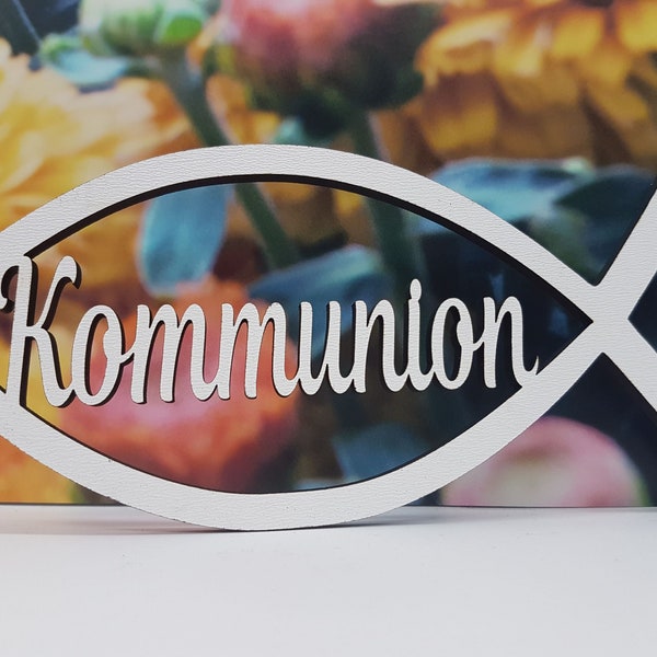 Communion lettering with fish made of wood in white, optionally with stand