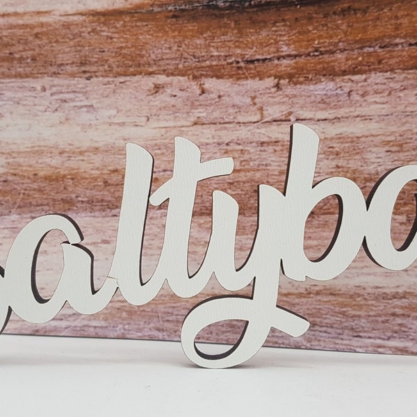 Schriftzug Saltybar aus Holz in weiß