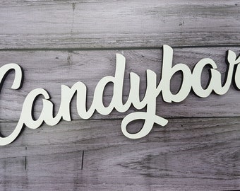 Schriftzug Candybar aus Holz in weiß