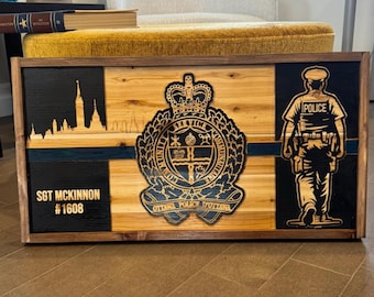 Police officer Thin Blue Line with Crest - Personalized Name and message on left corner