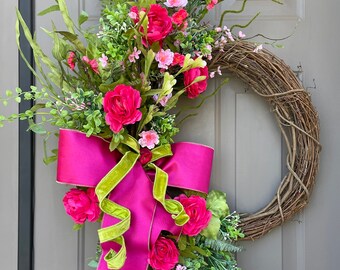 Pink Peony Spring Wreath, Hot Pink Bow, Mother's Day Gift