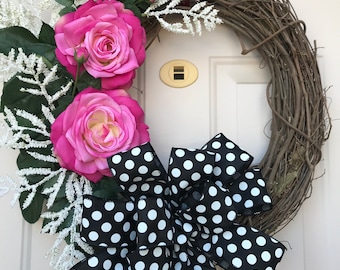 Wreath for front door, Everyday Wreath, Gift for her, Gift for Mom, Rose Wreath,Spring Wreath, Front door Wreath, Summer Wreath, Pink Wreath