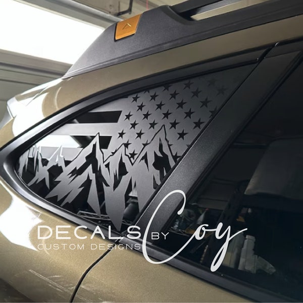 FITs only for 10-24 Subaru Outback, American flag w/ mountains, Quarter window, Sticker Custom, Bumper Stickers, Car Decals, Car Stickers