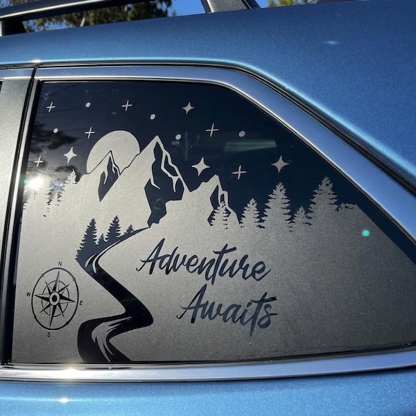 Car Window Decal Adventure Awaits Compatible with Subaru Forester 2009–2027 Stars Compass Mountain Vinyl Sticker