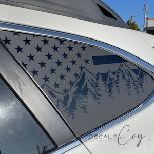 American Flag & Fir Tree Vinyl Decal – Compatible with Outback-Style Vehicles (2010–2025), Custom Rear Quarter Window Sticker Bumper Decal
