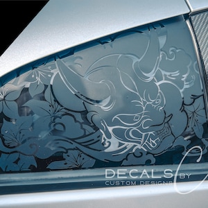 Oni Demon with Flowers Vinyl Decal – Compatible with 350Z-Style Vehicles (2002–2005), Stunning Quarter Window to Elevate Your Vehicle Style