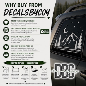 Why Buy From DecalsByCoy infographic featuring premium Oracal 651 vinyl, made-to-order decals, weather-resistant materials, fast shipping, and installation instructions.