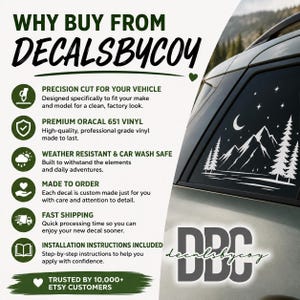 Why Buy From DecalsByCoy infographic featuring premium Oracal 651 vinyl, made-to-order decals, weather-resistant materials, fast shipping, and installation instructions.
