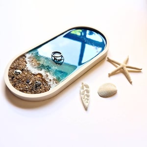 Küsten Resin Tablett | Echter Strandsand & Muscheln | Meereswellen Dekor | Dekorativer Strand Dekor | Australische Handarbeit | Schmucktablett