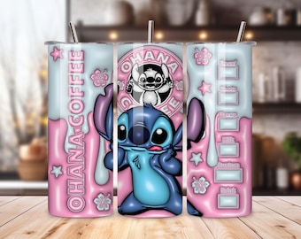 Ohana Coffee Stitch Disney Tumbler, Lilo and Stitch, Disney Character Tumbler 20oz, Stainless steel tumbler with plastic straw