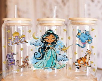 Cartoon Jasmine UVDTF, Aladdin, genie, magic carpet, princesses, UV DTF cup wrap, transfers, ready to apply, glass can