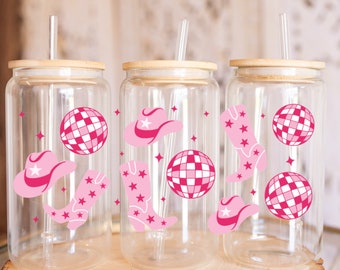 Pink Country Boots Disco Ball UV DTF Cup Wrap - 16oz Libbey Can