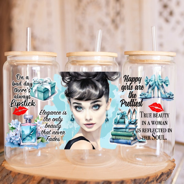 Audrey Hepburn UVDTF, icon, vintage, bougie girl, breakfast at Tiffanys, UV DTF cup wrap, transfers, ready to apply, Libbey glass