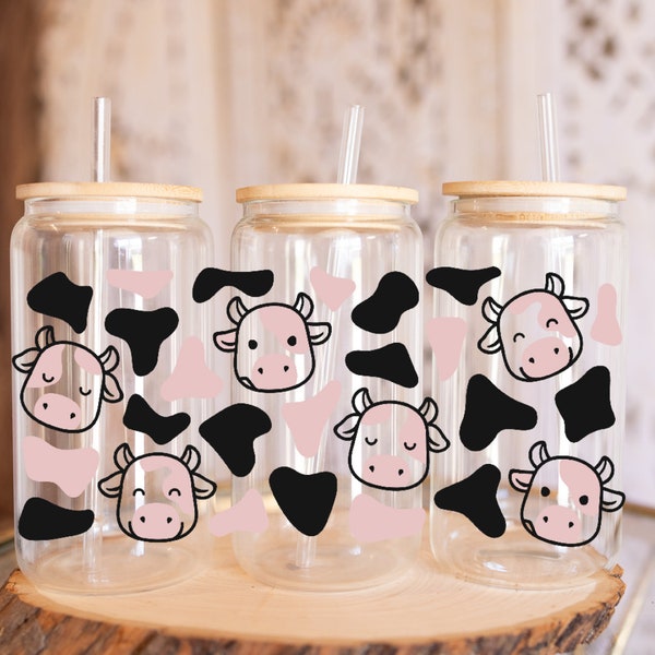 Cute Cow print, pink and black cute cow UVDTF, UV DTF cup wrap, transfers, ready to apply, Libbey glass