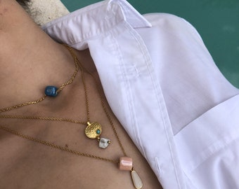Layering necklaces, Blue square bead necklaces, Rose square bead necklaces, Matte gold hammered disc necklace, Gold necklaces, gold chokers
