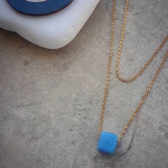 Blue Bead Necklace Delicate Layered Necklace Double Strand