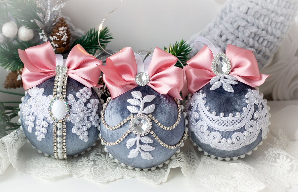 Gray Christmas balls Christmas velvet balls Christmas Etsy