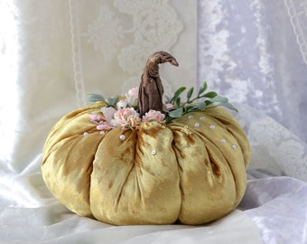 Gold velvet pumpkin, Halloween decor, decorative pumpkin with flowers, halloween decoration