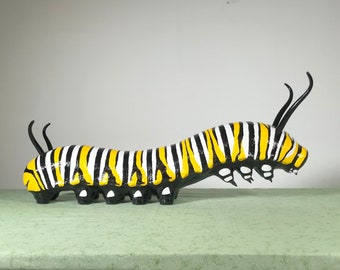 Hand-Crafted Monarch Caterpillar Sculpture: Paper Mache & Acrylics (21 inch)