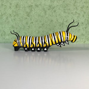 8 inch Monarch Caterpillar Sculpture. Highly detailed and realistic. Hand crafted with wood, polymer clay, metal, painted with acrylics. image 4